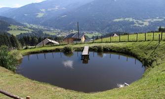 A quiet pond surrounded by green meadows and mountain landscape. In the background, houses and mountains are visible.