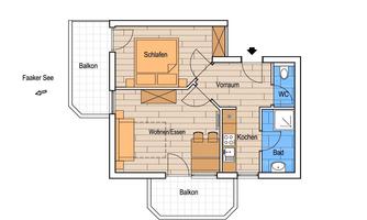 Floor plan of an apartment with one bedroom, a living/dining area, and a kitchen. There is also a bathroom and two balconies overlooking Lake Faak.