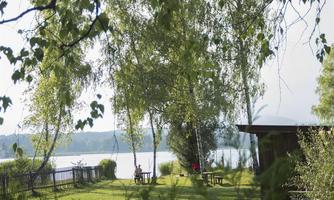A peaceful park by the lake with green meadows and shade-giving trees. In the background, some people and benches can be seen.