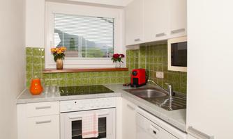A modern kitchen with white furniture and green tiles. A window with a view and some plants beautify the space.