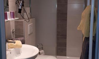A modern bathroom with a shower, a sink, and a toilet. The walls are tiled, and there are towels as well as toiletries.