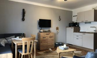 A cozy living area with a gray wall background and a television. The kitchen is modern and integrates harmoniously into the space.
