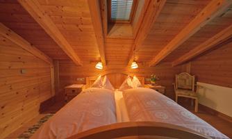 A cozy bedroom with wooden paneling and a sloped ceiling. There are two single beds, nightstands, and a small plant.