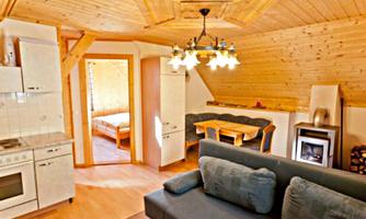 A cozy apartment with a wooden ceiling and floor. The kitchen, a dining area, and a living area are harmoniously arranged.