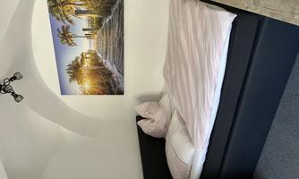 A cozy bedroom with a large bed and pink pillows. On the wall hangs a picture of a sunny beach path with palm trees.