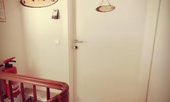 A hallway with a white door and an animal-patterned rug. Coat hooks hang on the wall and a fire extinguisher is ready.