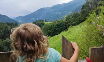 A small child with curly hair is looking at a green meadow with cows. In the background, there are mountains and a cloudy sky.
