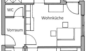 A simple apartment layout with several rooms, a living kitchen, and a balcony. The rooms include a bathroom and a toilet.