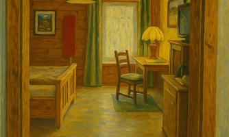 Stylized painting of a room viewed through a doorway; above the door hangs a sign reading 7th Heaven.