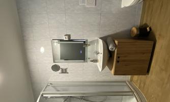 A modern bathroom with a shower, a sink, and a toilet. The walls are light-tiled, and there are wooden details in the furnishings.