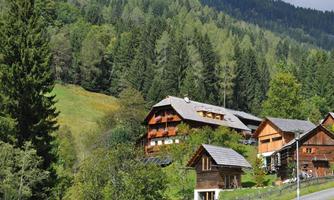 A picturesque landscape with traditional wooden houses and dense forests in the background. The green meadow gives the surroundings a peaceful atmosphere.