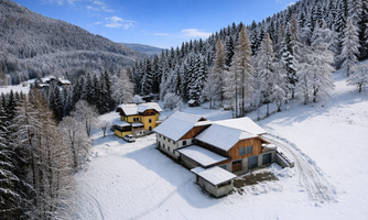 A winter landscape with snowy houses and frosty trees. The sky is blue and the mountains in the background are visible.