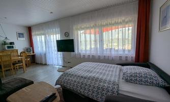 A cozy room with a double bed, a TV, and a dining table. Large windows let in plenty of daylight.