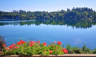 A calm lake with clear water and lush green surroundings. In the foreground, colorful flowers are blooming.