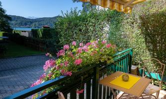 A cozy balcony with blooming plants and a small table. In the background, one can see a green landscape and a blue sky.