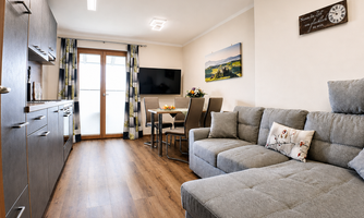 A modern apartment with a cozy seating area and a dining table. The large balcony door lets in plenty of light and offers a beautiful view from the balcony. Fully equipped kitchen.
