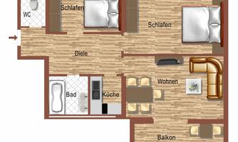 An apartment floor plan with two bedrooms, a living room, a kitchen, and a bathroom. The balcony is also marked.