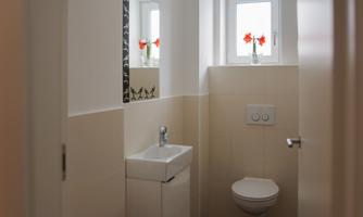A modern bathroom with a small toilet and a sink. There are windows with flowers and a pleasant, bright atmosphere.
