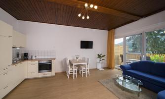 A modern living room with a couch, a dining table, and a kitchenette. Large windows provide plenty of daylight and a view of the outdoor area.