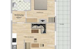 A simple apartment floor plan drawing with various rooms. It shows a bedroom, a living area, and a terrace.