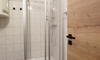 A modern shower with a glass partition is located in a tiled bathroom. The door is made of wood and gives the room a warm atmosphere.