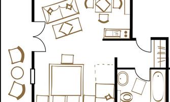 A simple floor plan drawing of a living space. It shows furniture arrangements such as a sofa, tables, and a kitchen.