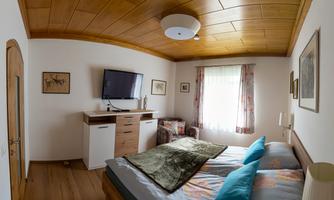 A cozy bedroom with a double bed, a television, and a wooden ceiling. The rooms are bright with soft color tones and a large window front.