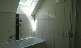 A modern bathroom with a bathtub and a shower area. Daylight pours in through a skylight.