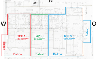 A floor plan of the first floor with three residential units labeled as TOP 1, TOP 2, and TOP 3. Each unit has a balcony, and the elevator is marked.