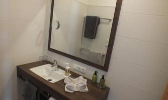 A modern bathroom with a wooden sink cabinet and a large mirror. On the shelf are soap, towels, and care products.