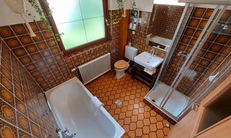 A bathroom with a bathtub, shower, and a sink. The walls are decorated with brown tiles and plants.