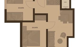 Floor plan of an apartment with different rooms. The area includes a bedroom, a bathroom, and a living area with a terrace.