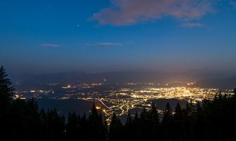 A beautiful view of a city at night, illuminated by lights. In the foreground, dark forests can be seen, while the sky is slightly cloudy.