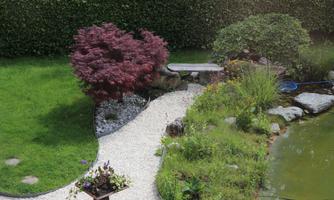 A well-maintained garden with a beautiful pond and a paved pathway. In the foreground stands a purple maple tree and colorful flowers in a pot.