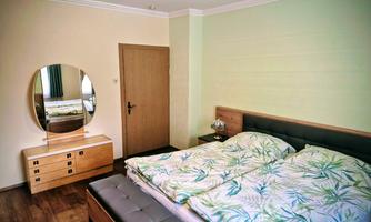 A modern bedroom with a large double bed and a dresser. The room is in soft colors and has a round mirror.