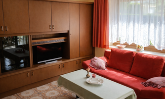 A cozy living room with a red sofa and a TV cabinet. Large windows let in plenty of light and the floor is designed with a decorative pattern.