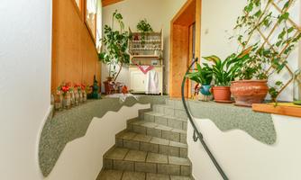 A bright entrance area with a staircase to the upper floor. Potted plants and decorations give the room a friendly atmosphere.