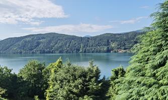 A picturesque view of a tranquil lake, surrounded by green hills. The sky is clear and blue, perfect for a relaxing day in nature.
