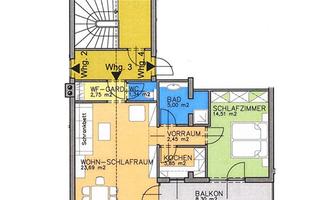 An apartment floor plan with various rooms such as bedroom, kitchen, and bathroom. The plan also shows a balcony and a staircase.
