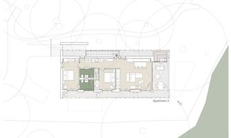 The image shows the floor plan of an apartment with various rooms. There are areas for the living room, kitchen, and bedrooms, all arranged clearly.