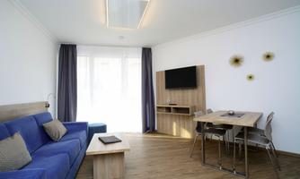 A modern living room with a blue sofa and a wooden table. Large windows provide plenty of daylight.