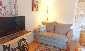 A cozy living room with a gray sofa, a television, and a colorful rug. Floral decor on the walls creates a friendly atmosphere.