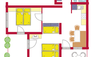 A floor plan of an apartment with two bedrooms, a bathroom, and a living room. The furnishings include a kitchen, a dining table, and a sofa lounge.