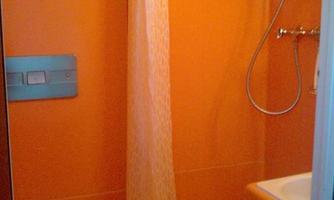 A bright bathroom with orange walls. It contains a shower, a sink, and a toilet.