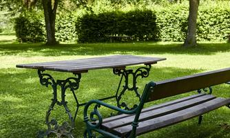 A beautiful table and a bench are situated on a green meadow. In the background, there are trees and a hedge.