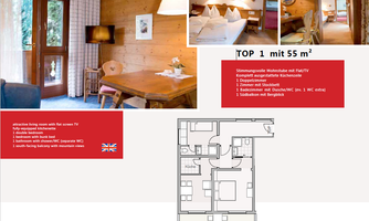 A cozy living kitchen with a flat-screen TV and access to the balcony. The image shows an attached sleeping area and a detailed floor plan of the apartment.