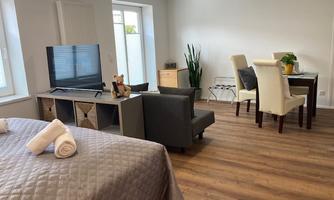 A bright living room with a large bed, a television, and a dining area. The furniture is modern and the floor is made of wood.