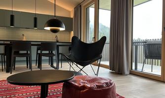 A modern apartment with an open living area. The space is furnished with stylish furniture, a rug, and large windows that let in plenty of light.