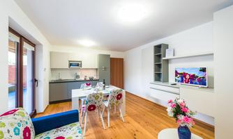 Modern apartment with open kitchen and cozy living area. Bright colors and natural wooden floors create an inviting atmosphere.