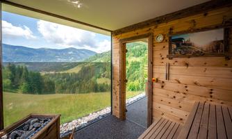 A cozy room with wooden interiors and views of green hills and mountains. The windows offer a breathtaking view of nature.